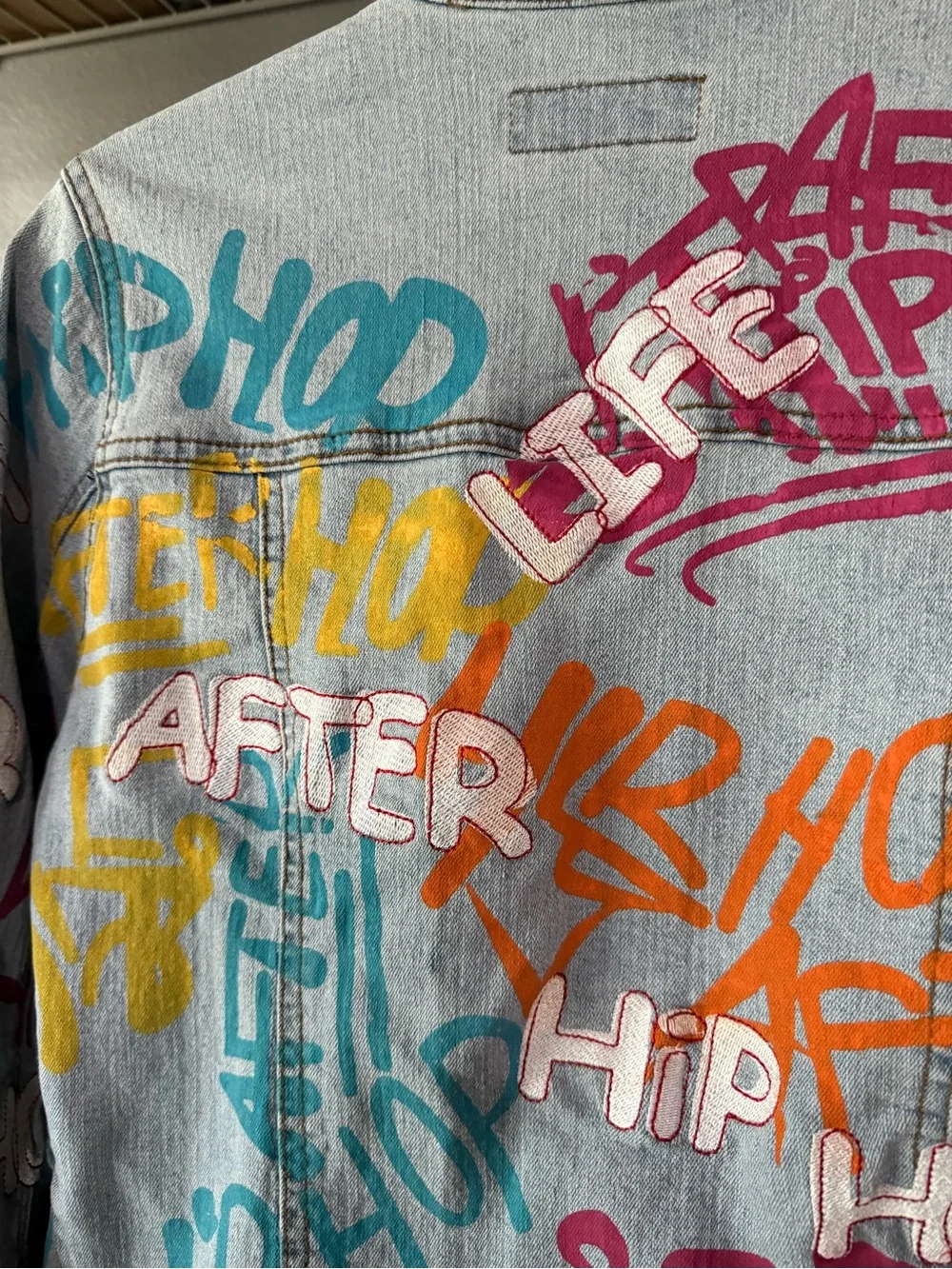 Kids Light Wash Denim Jacket with Colorful Hip Hop Graffiti